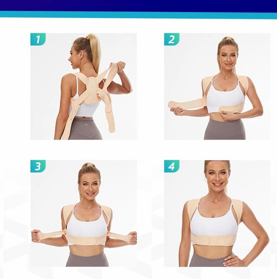 Quattro immagini mostrano l'applicazione di un supporto posteriore beige. Donna che dimostra l'uso. Cinghie e cinghie regolabili.