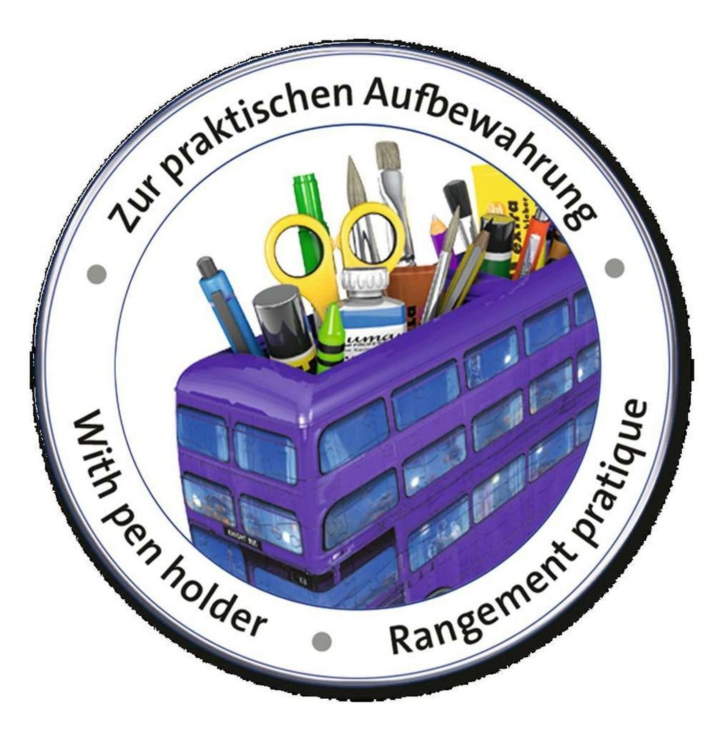 Illustrazione rotonda con Knight Bus come portapenne. Testo: « Zur praktischen Aufbewahrung » e « With pen holder ».
