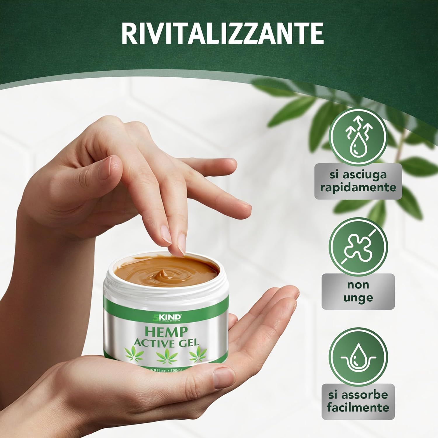 Mani che tengono un vasetto di GEL ACTIVO. Simbolo foglie di canapa. 16.9 fl. oz. / 500ml. Icone: Assorbimento rapido, non unge, ecc.