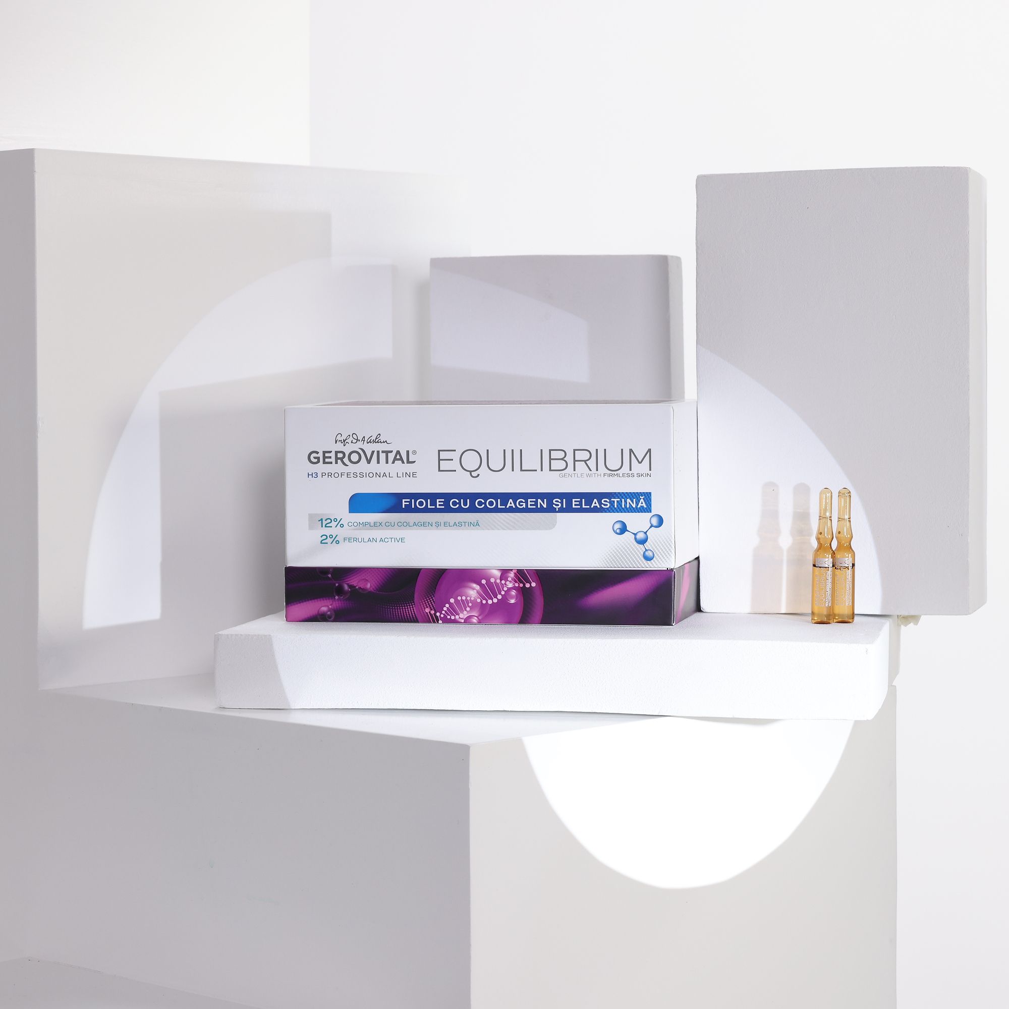 Confezione del prodotto e fiale su piedistallo bianco. Testo: Gerovital, Equilibrium, Vials with Collagen and Elastine. Accenti viola e bianchi.