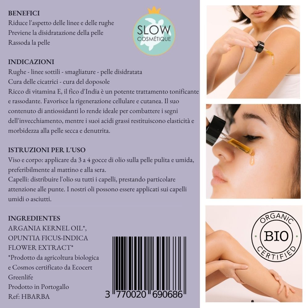 Descrizione prodotto con testo: Benefici, Indicazioni, Istruzioni per l'uso, Ingredienti. Certificazione Bio. Immagini: applicazione.