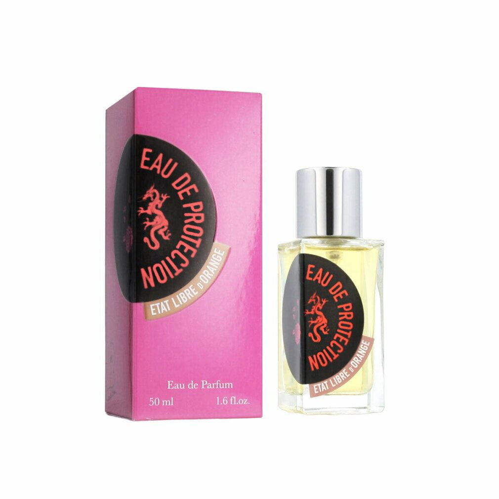 Scatola rosa e flacone. Flacone con tappo argentato. Etichetta nera con drago rosso e testo. 50 ml.