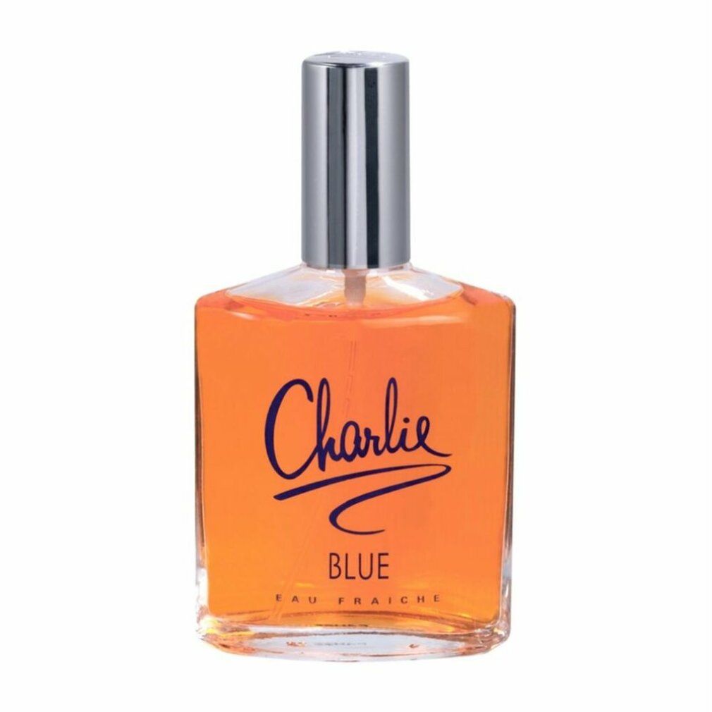 Flacone di Charlie Blue Eau Fraiche. Scritta Charlie Blue. Flacone trasparente con tappo argentato.
