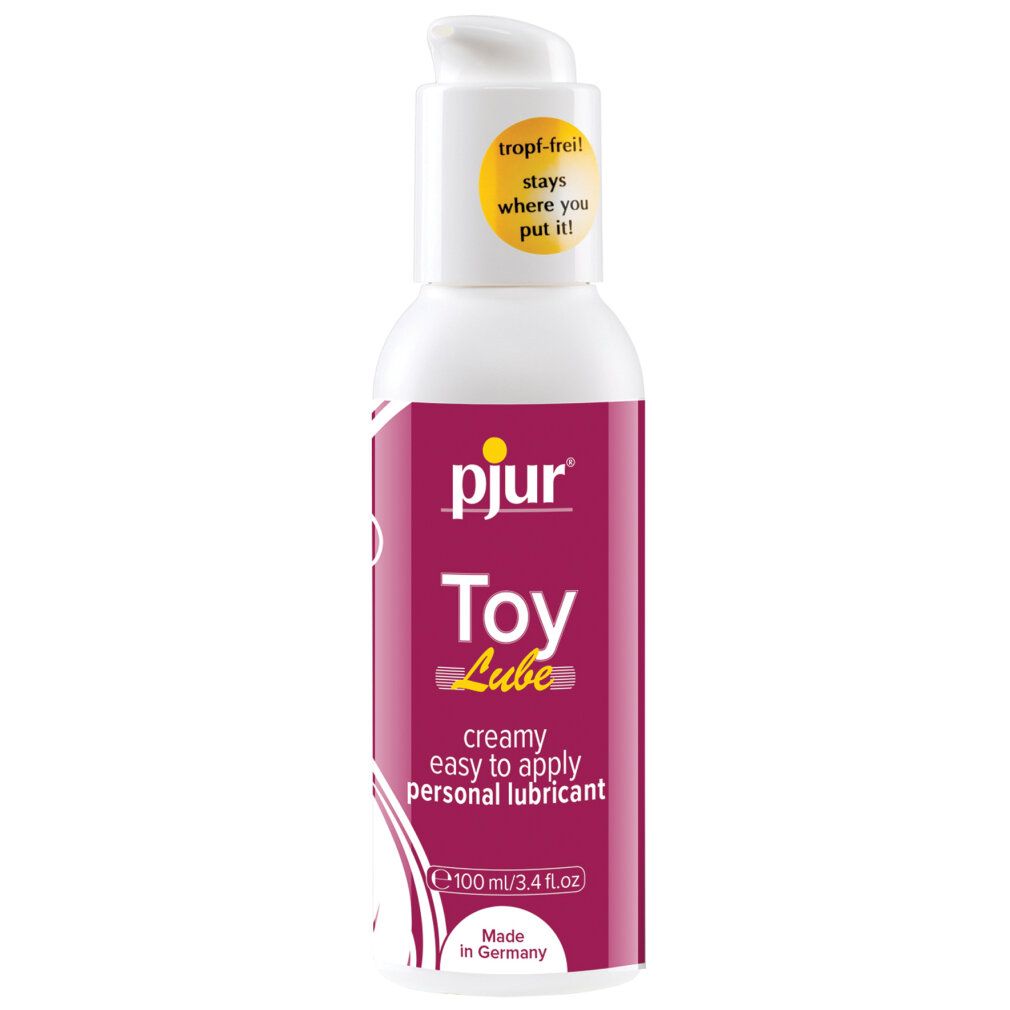 Flacone bianco con dosatore. Scritte: pjur, Toy Lube. Sfondo rosso. Adesivo: antigoccia. Made in Germany.