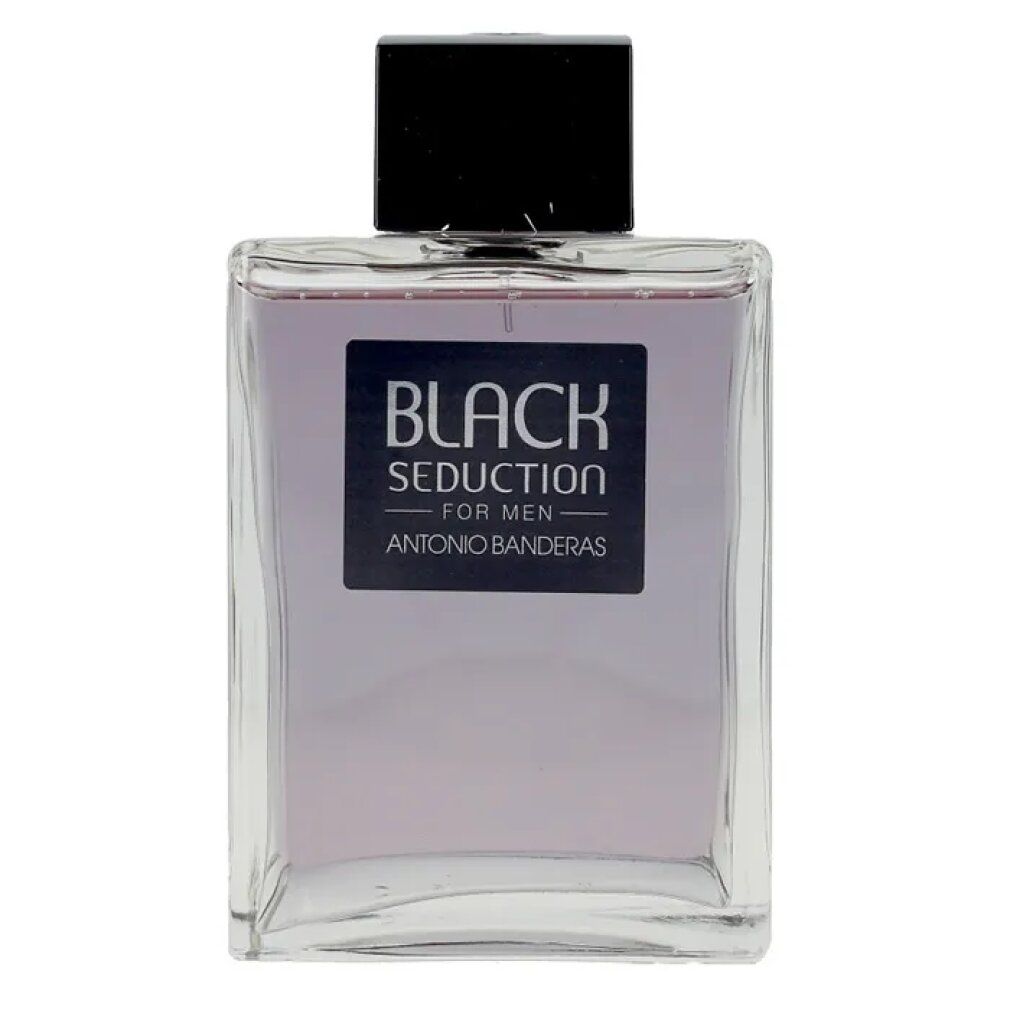 Flacone con tappo nero. Etichetta "BLACK SEDUCTION FOR MEN" e "ANTONIO BANDERAS".