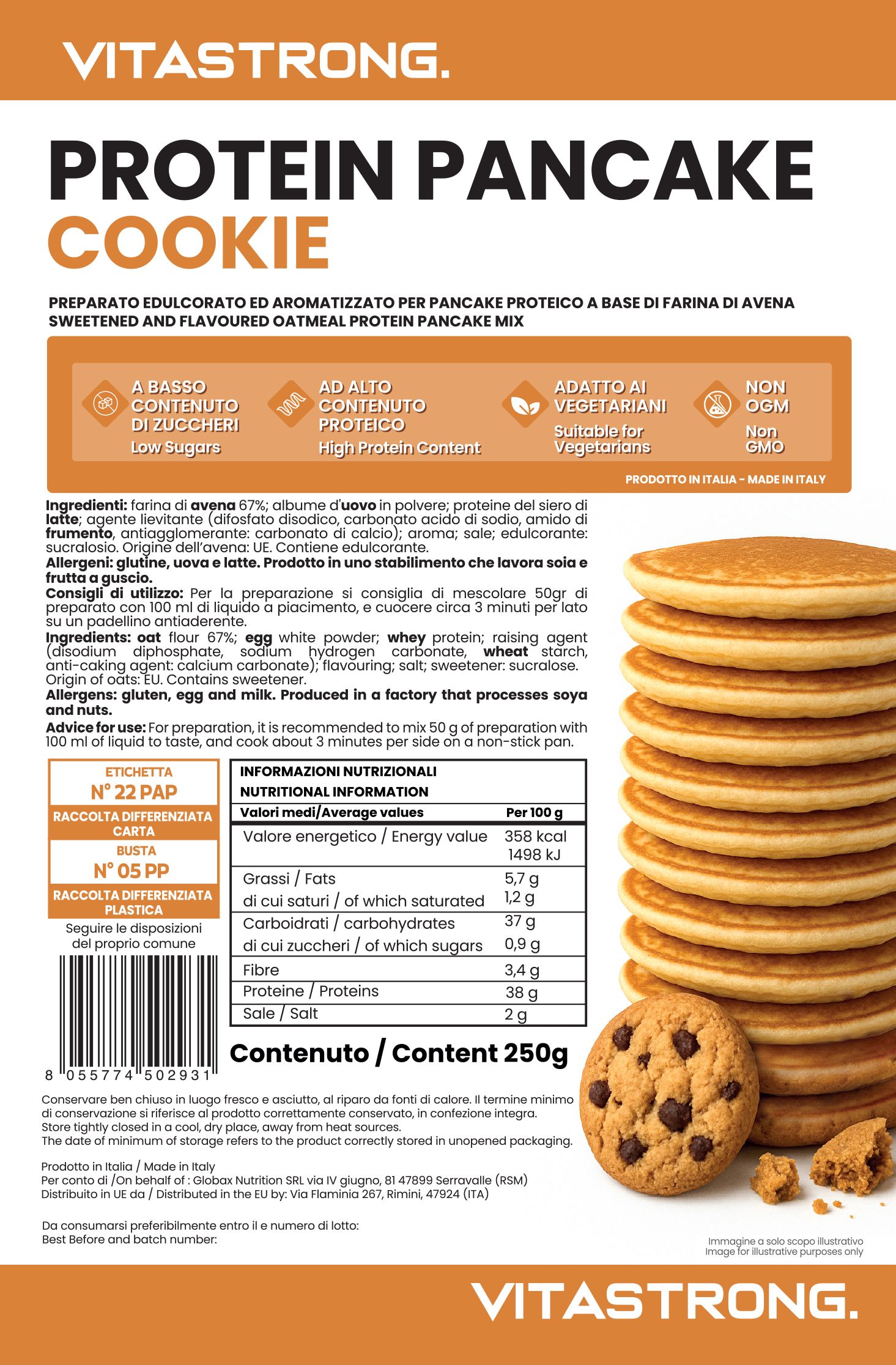Confezione Vitastrong Protein Pancake Cookie. Pila di pancake e biscotto. Testo: "Ad alto contenuto proteico".