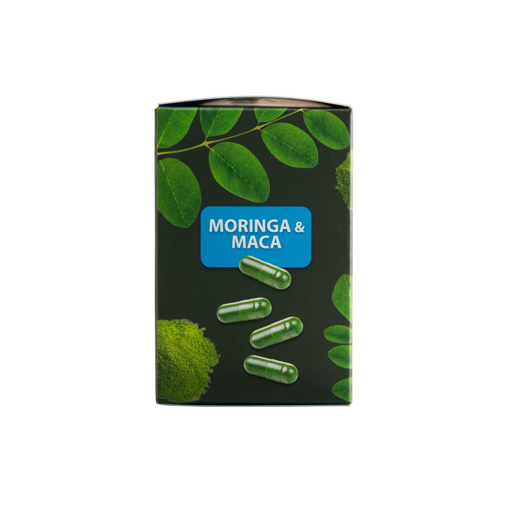 Capsule verdi in una scatola con logo Moringa & Maca. Design a foglie.