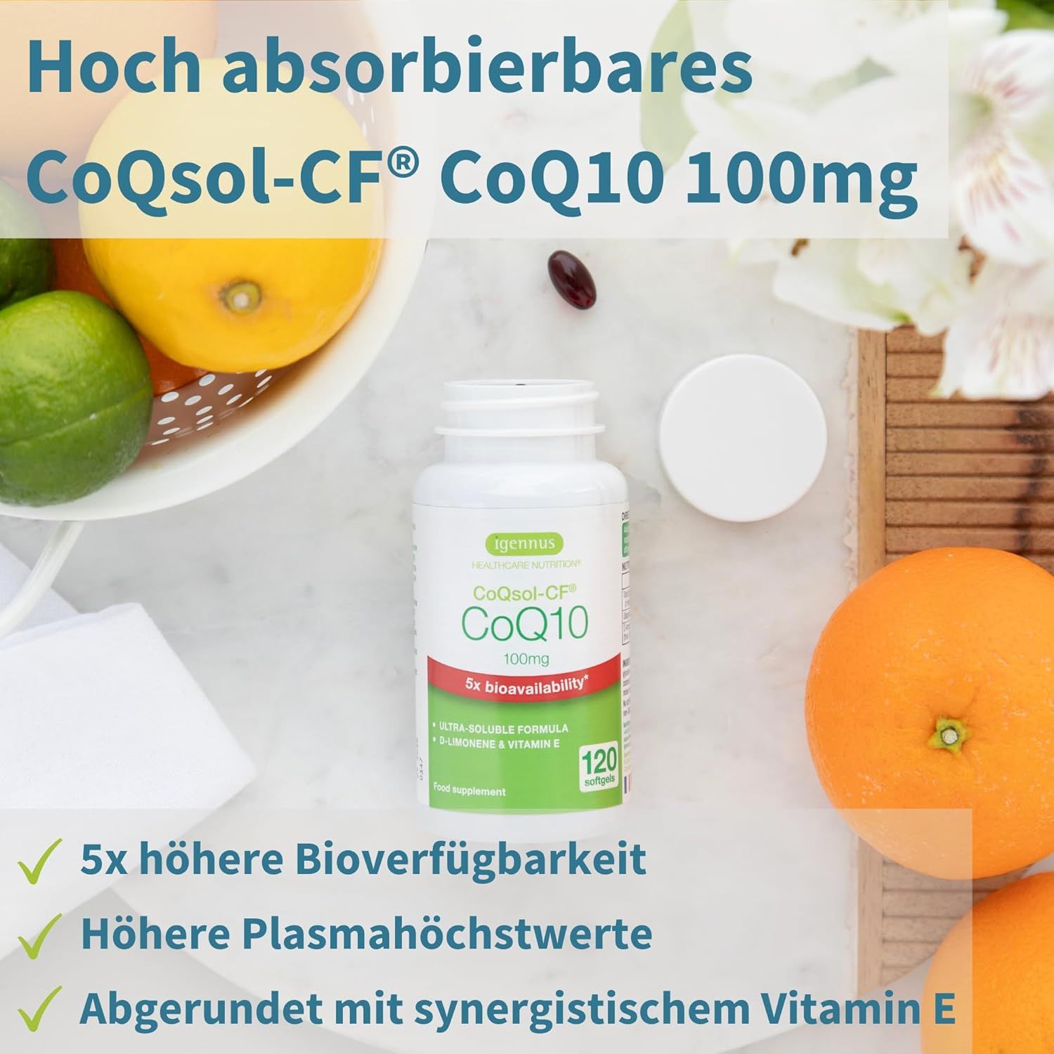 Flacone di prodotto vicino alla frutta. Testo: CoQsol-CF CoQ10 100mg ad alto assorbimento. 5x biodisponibilità.