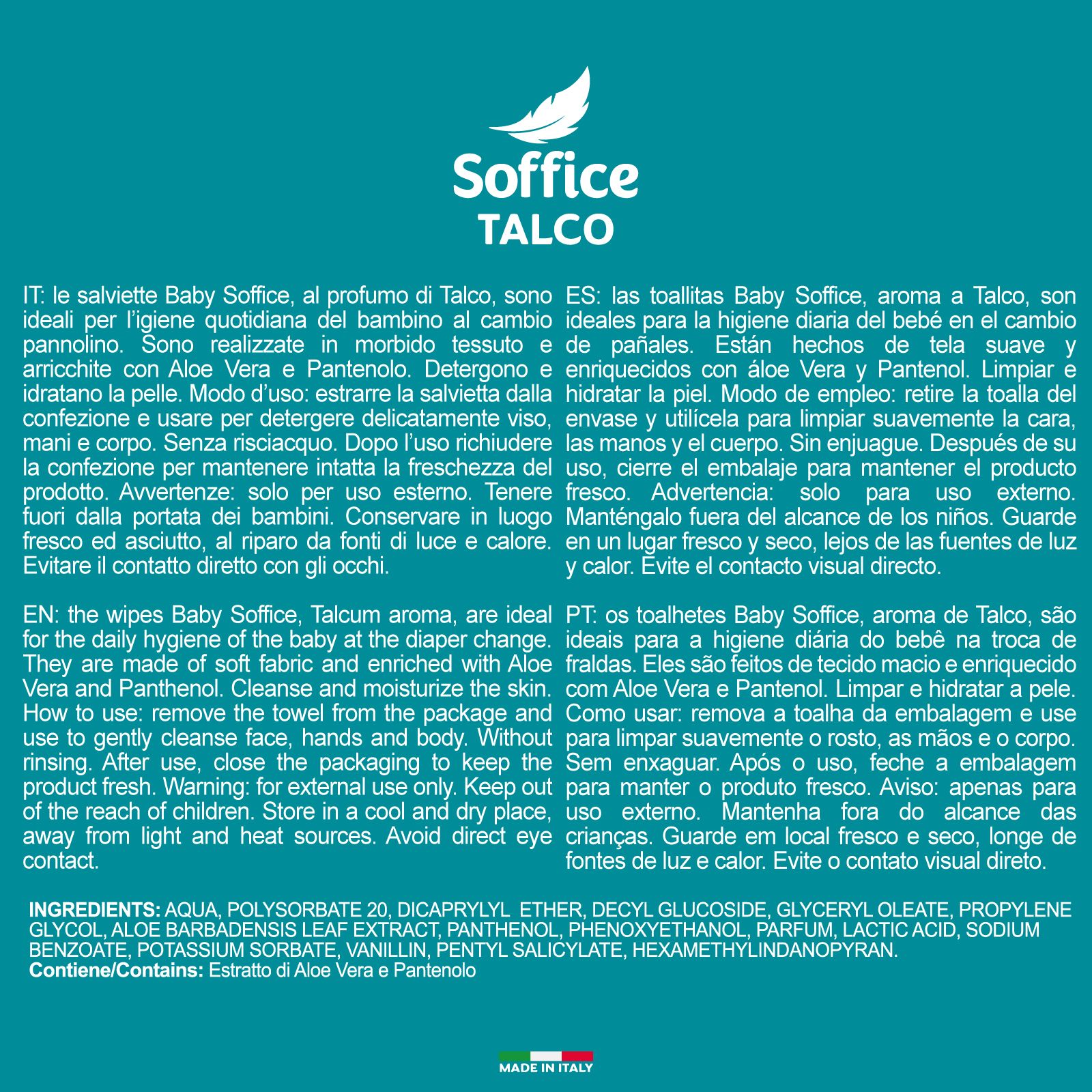 Testo con ingredienti e istruzioni per l'uso delle salviette per bambini. Contiene Aqua, Aloe Barbadensis, Pantenolo. Prodotto in Italia.