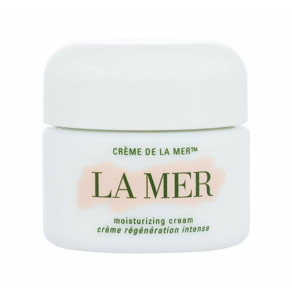 Vasetto di crema bianco con coperchio. Scritta: Crème de la Mer, LA MER, moisturizing cream, crème régénération intense.