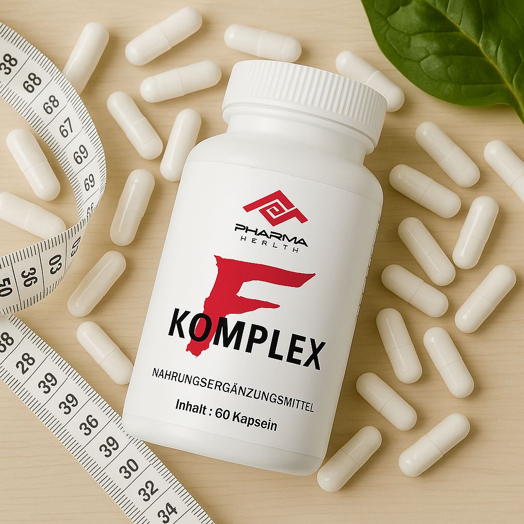 Flacone bianco "F Komplex" e capsule. Logo "Pharma Health". Testo: Integratore alimentare, Contenuto: 60 capsule. Metro a nastro.