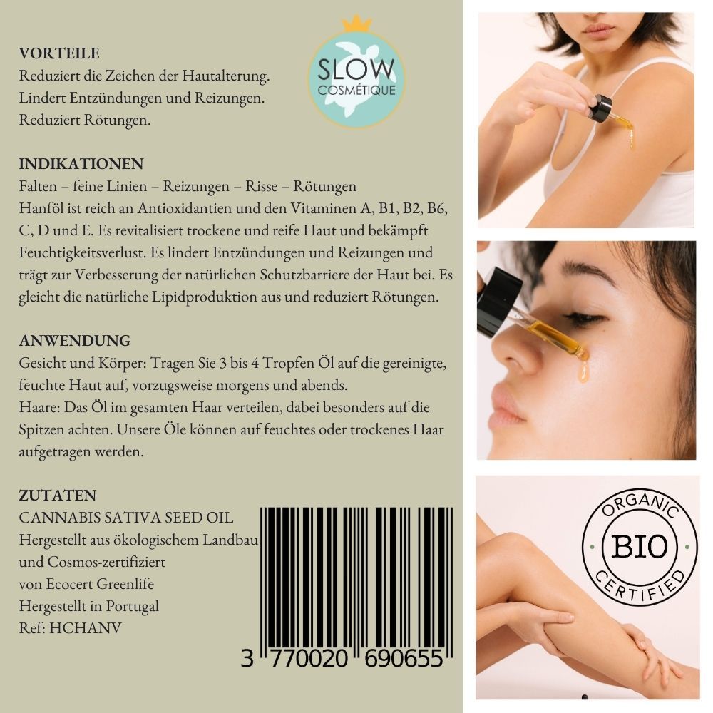 Etichetta con testo: SOWÉ, Bio-Hanföl, 50 ml. Immagini: viso, schiena, capelli. Certificazione Bio.