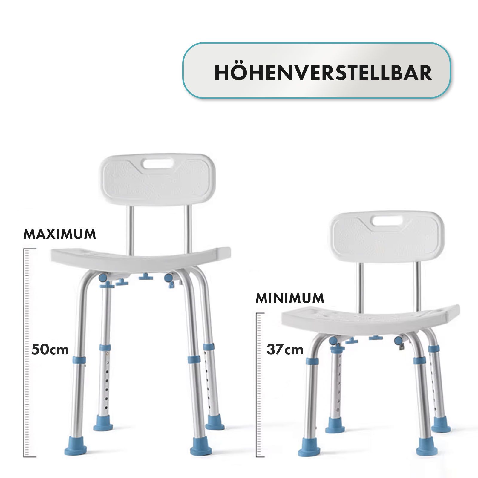 Sedia da doccia con schienale. Regolabile in altezza. Altezza massima e minima.