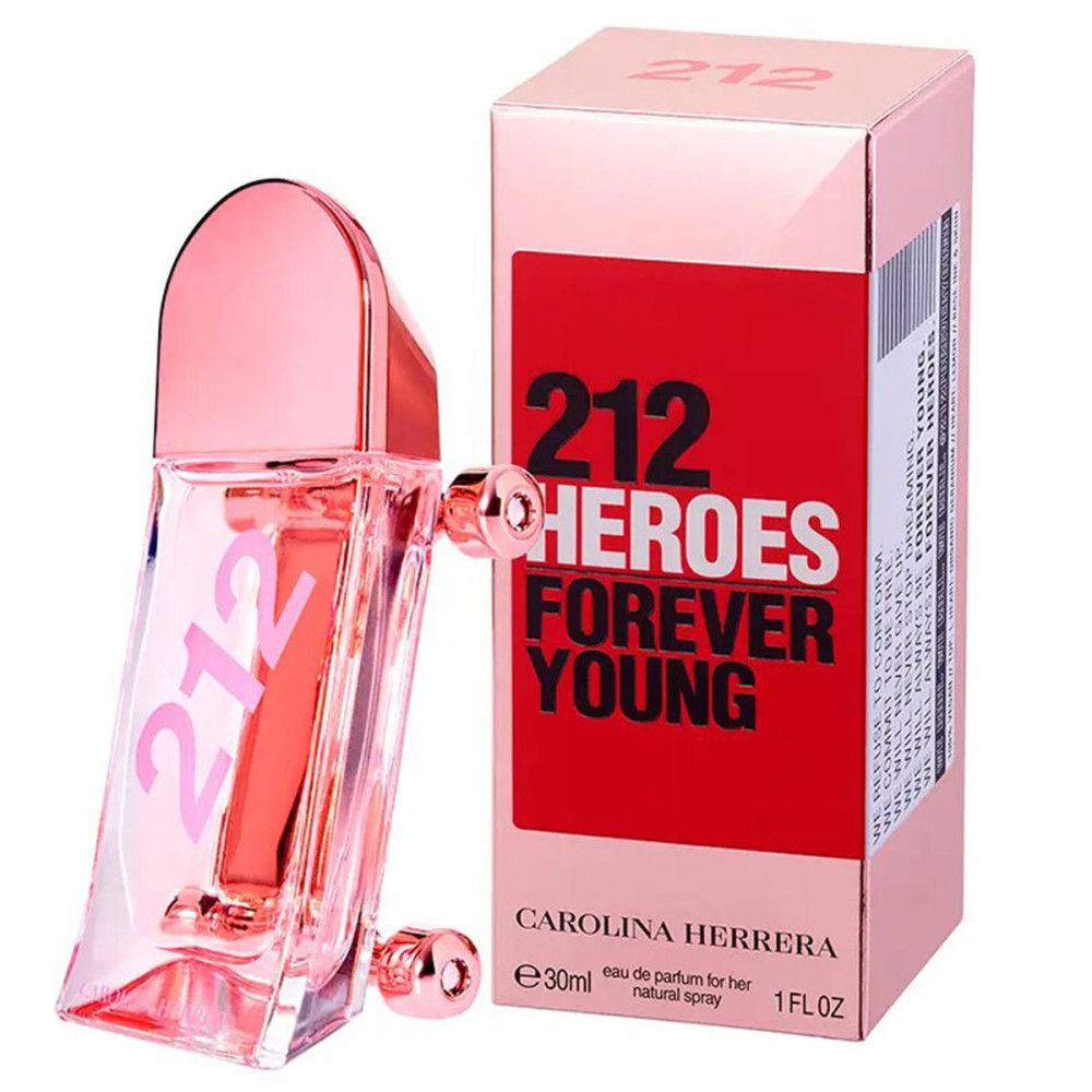 Flacone e confezione rosa. Flacone a forma di skateboard con scritta "212". Confezione con testo "212 Heroes Forever Young".