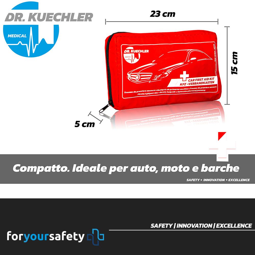 Borsa rossa per pronto soccorso auto con dimensioni: 23x15x5 cm. Marchio: Dr. Kuechler Medical.