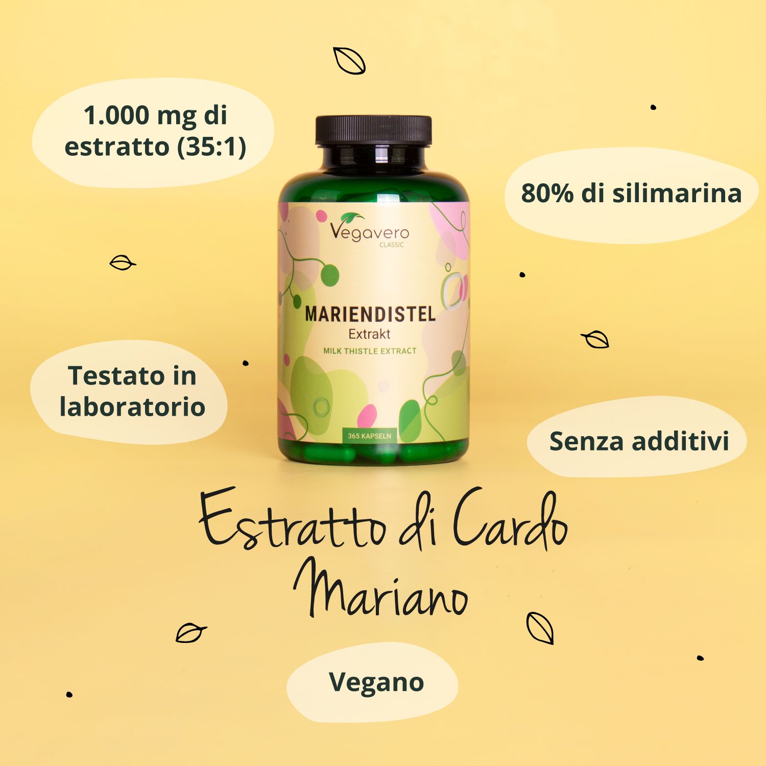Flacone di estratto di cardo mariano. Testo: 1.000 mg di estratto, 80% di silimarina, senza additivi, vegano. Scritta: Estratto di Cardo Mariano.