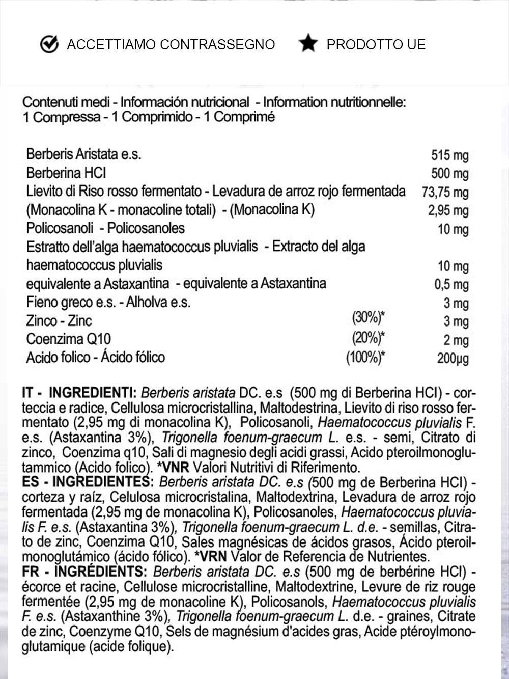 Informazioni nutrizionali per Arteriol Cardio Lipid. Contiene Berberis, riso rosso, Policosanoli, Coenzima Q10, acido folico.