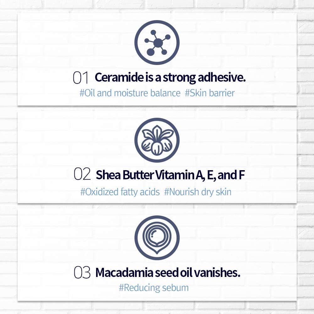 Grafica con ingredienti: ceramidi, burro di karité, macadamia. Testo: equilibrio olio-idratazione, riduce il sebo.