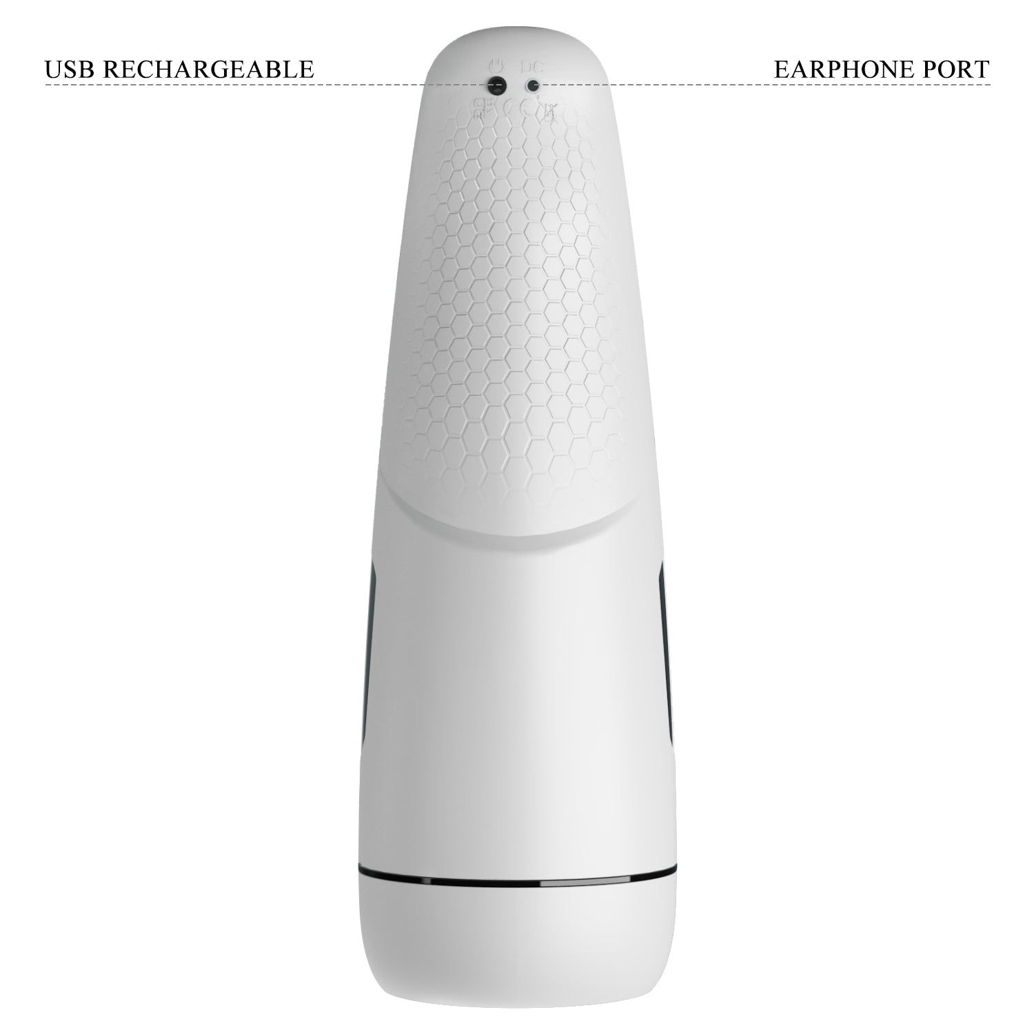 Vista posteriore di un masturbatore bianco con porta di ricarica USB e porta per auricolari.