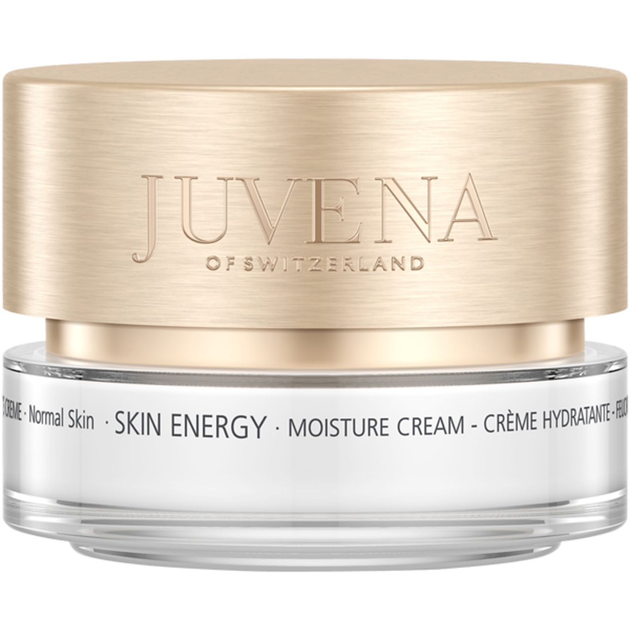 Vasetto di crema con coperchio dorato. Scritta: JUVENA OF SWITZERLAND. Testo: SKIN ENERGY MOISTURE CREAM. Per pelli normali.