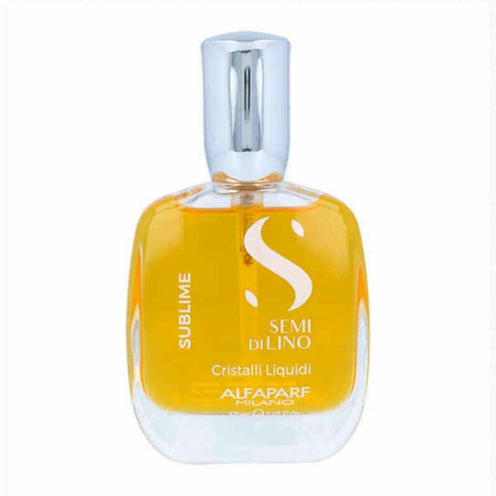 Flacone in vetro con liquido giallo. Scritte: Sublime, Semi Di Lino, Cristalli Liquidi, Alfaparf Milano.