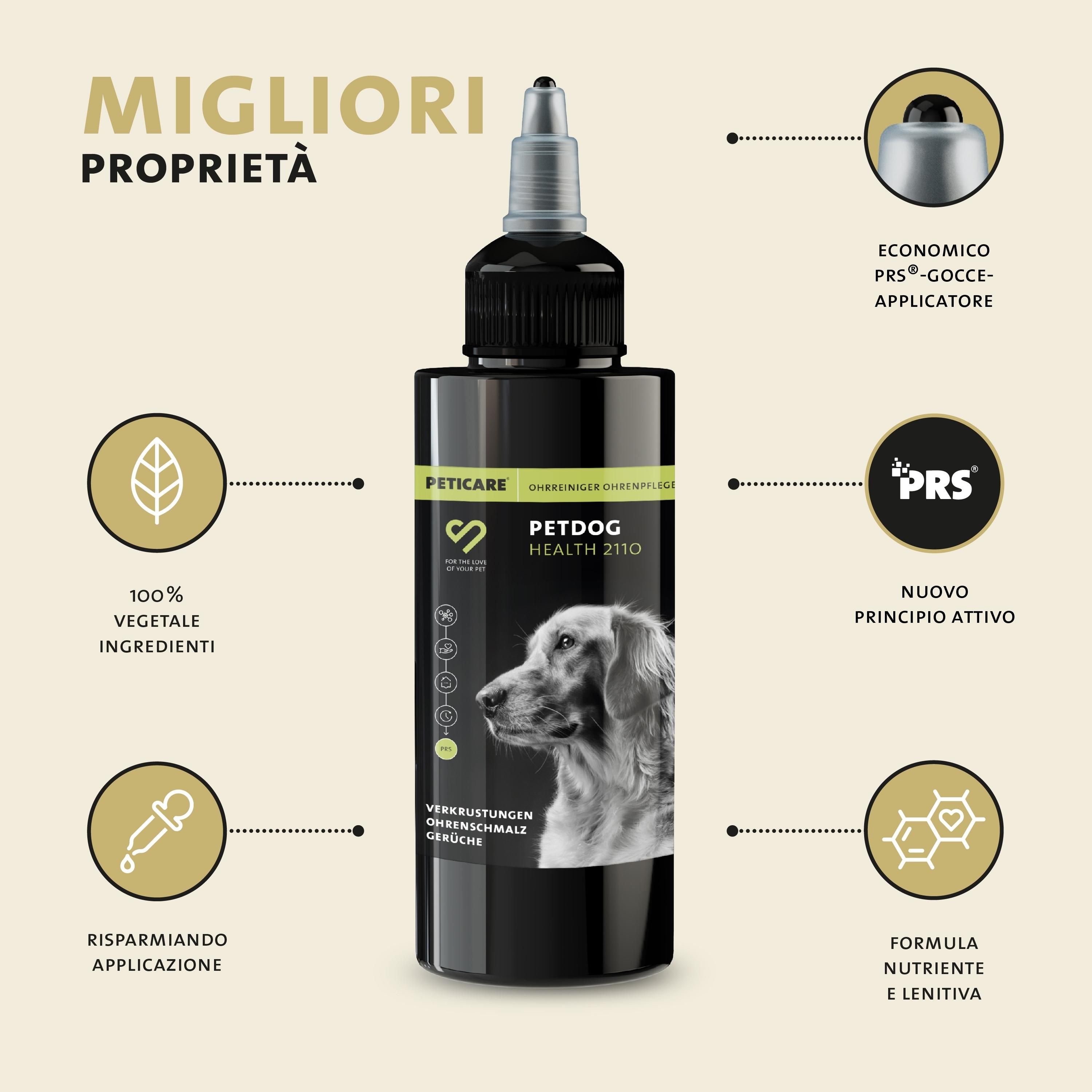 Flacone nero con applicatore. Testo: Peticare, PETDOG HEALTH 2110. Aiuta contro croste, cerume e odori. Simboli rotondi.