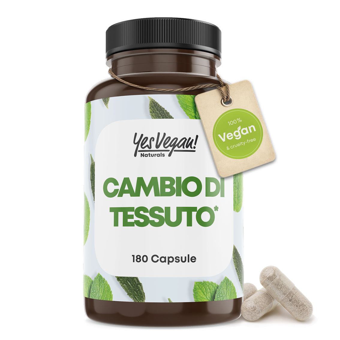 Flacone da 180 capsule, etichetta 'Cambio di Tessuto', sigillo vegano.