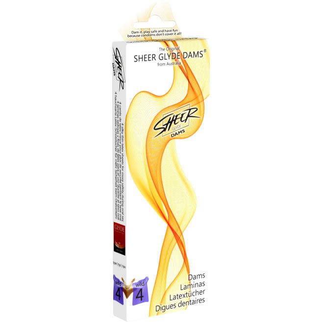 Scatola di Sheer Glyde Dams. Scritto: 4 pezzi, fogli di lattice. Design giallo-arancio con nome e logo del prodotto.