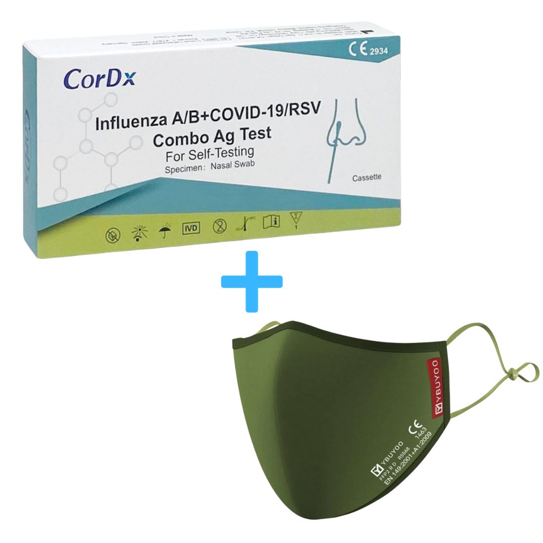 CorDX Test antigenico 4in1 per l'influenza A/B + COVID-19 + RSV + MASCHERINA FFP2 NANO GRATIS