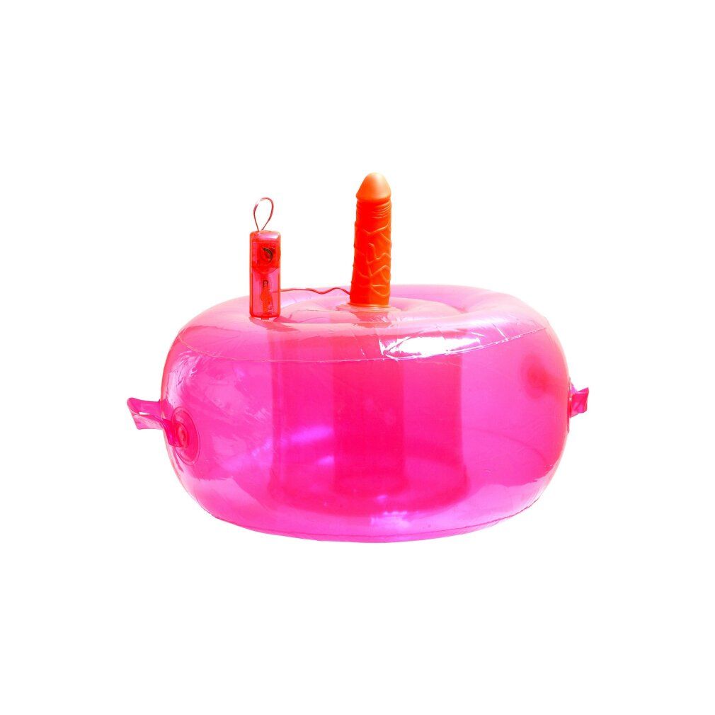 Poltrona gonfiabile rosa con dildo arancione integrato e piccolo elemento rosso.