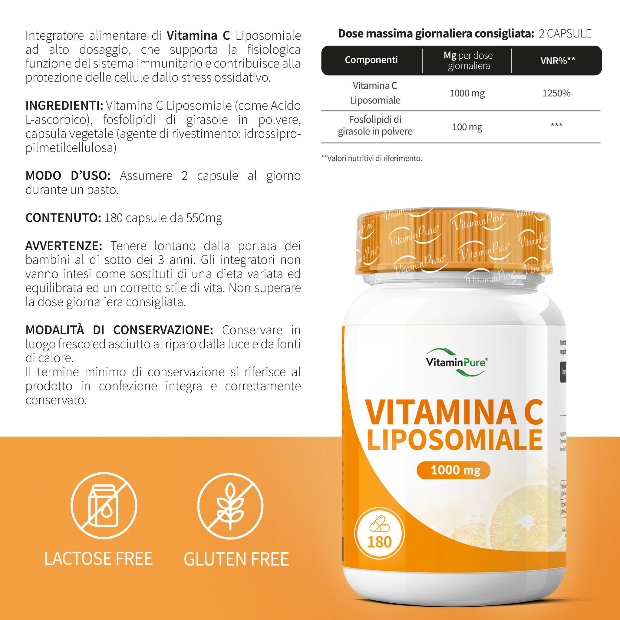 Flacone del prodotto con informazioni. 180 capsule. Testo: 'Lactose Free', 'Gluten Free'.