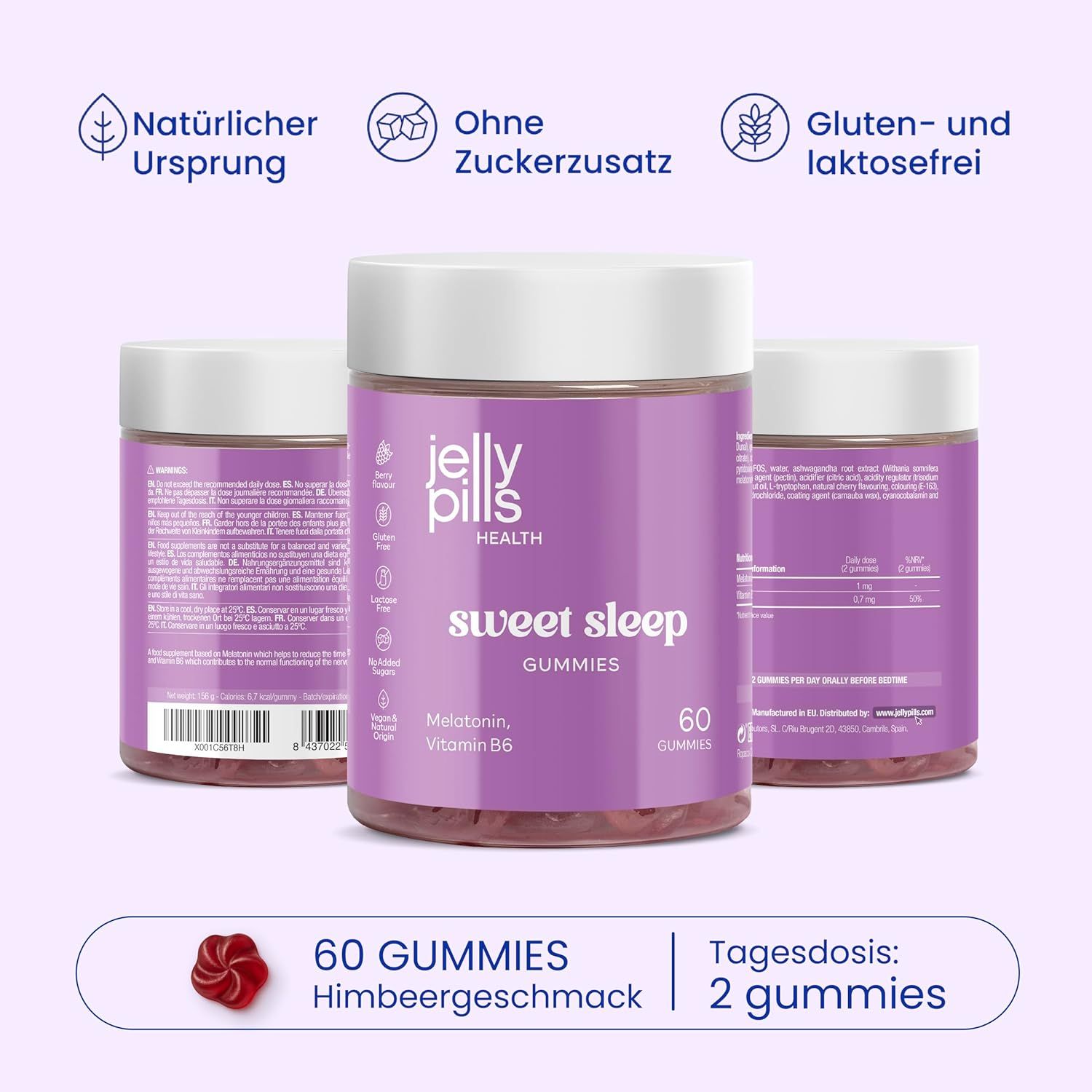 Tre barattoli di Jelly Pills Sweet Sleep Gummies. Scritta: 60 caramelle gommose, gusto lampone. Senza zucchero, senza glutine e lattosio.