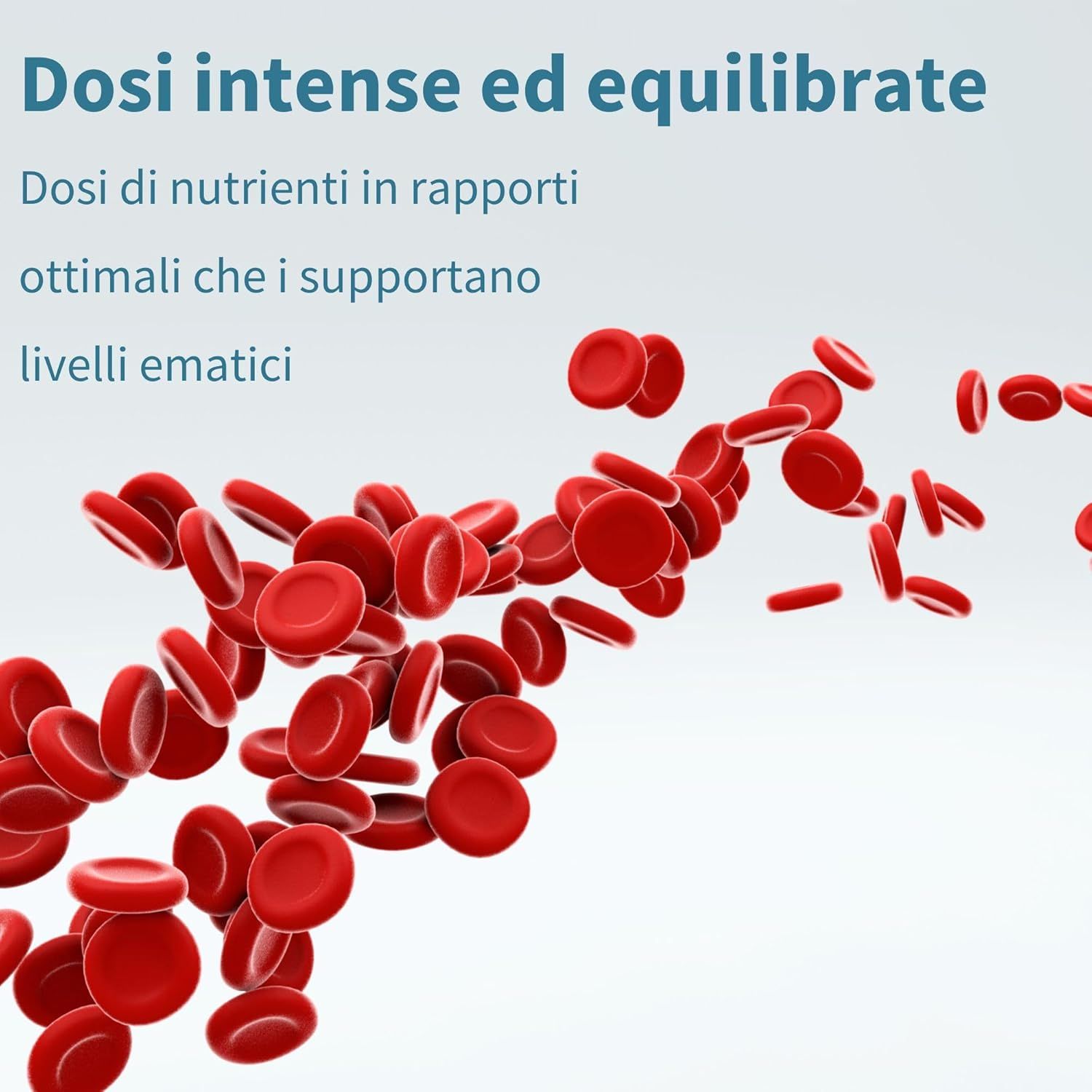 Globuli rossi. Testo: Dosi intense ed equilibrate. Dosi di nutrienti in rapporti ottimali che supportano i livelli ematici.