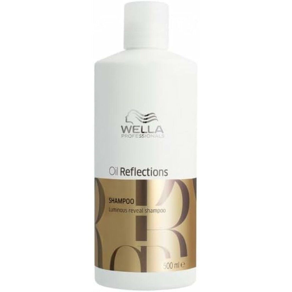 Flacone bianco di shampoo Wella Oil Reflections. Stampa dorata con nome e logo del prodotto. 500 ml.