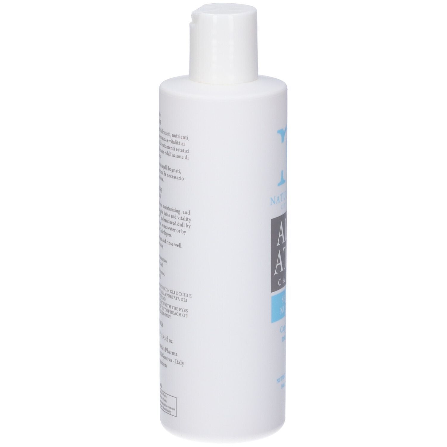 Flacone bianco con testo. Scritta: Natur Unique, Aloe Attiva, Shampoo Nutriluce. Per capelli secchi. Testo in italiano.