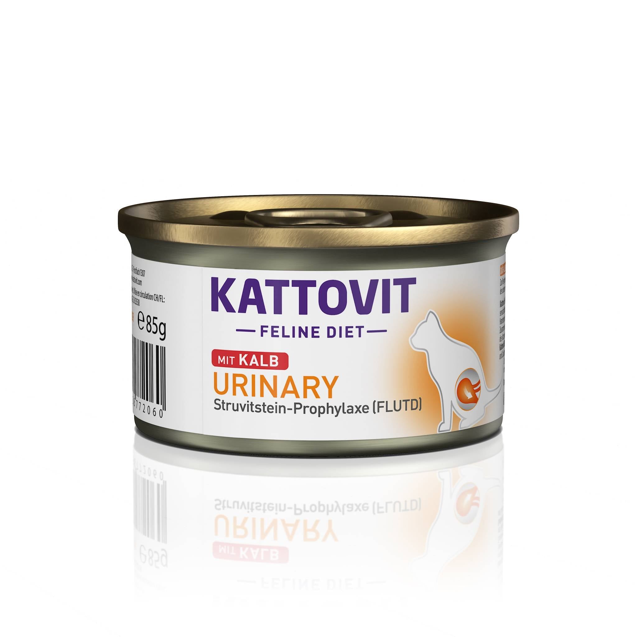 Lattina Kattovit Urinary Kalb. Etichetta bianca con nome e illustrazione. Coperchio dorato. 85g.