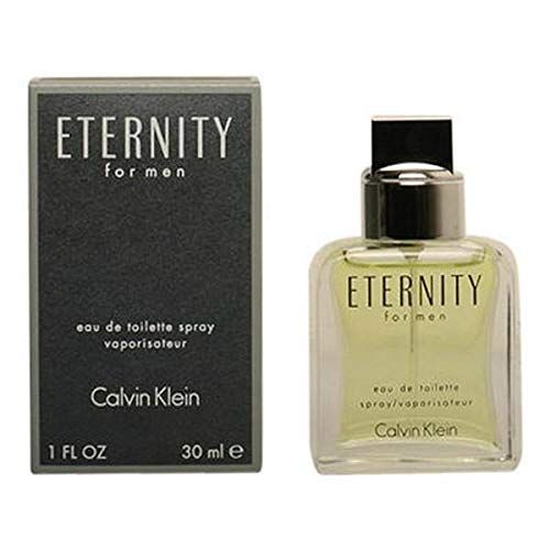 Confezione e flacone. Scritta: ETERNITY FOR MEN, Eau de Toilette Spray, CALVIN KLEIN. 1 FL OZ, 30 ml.