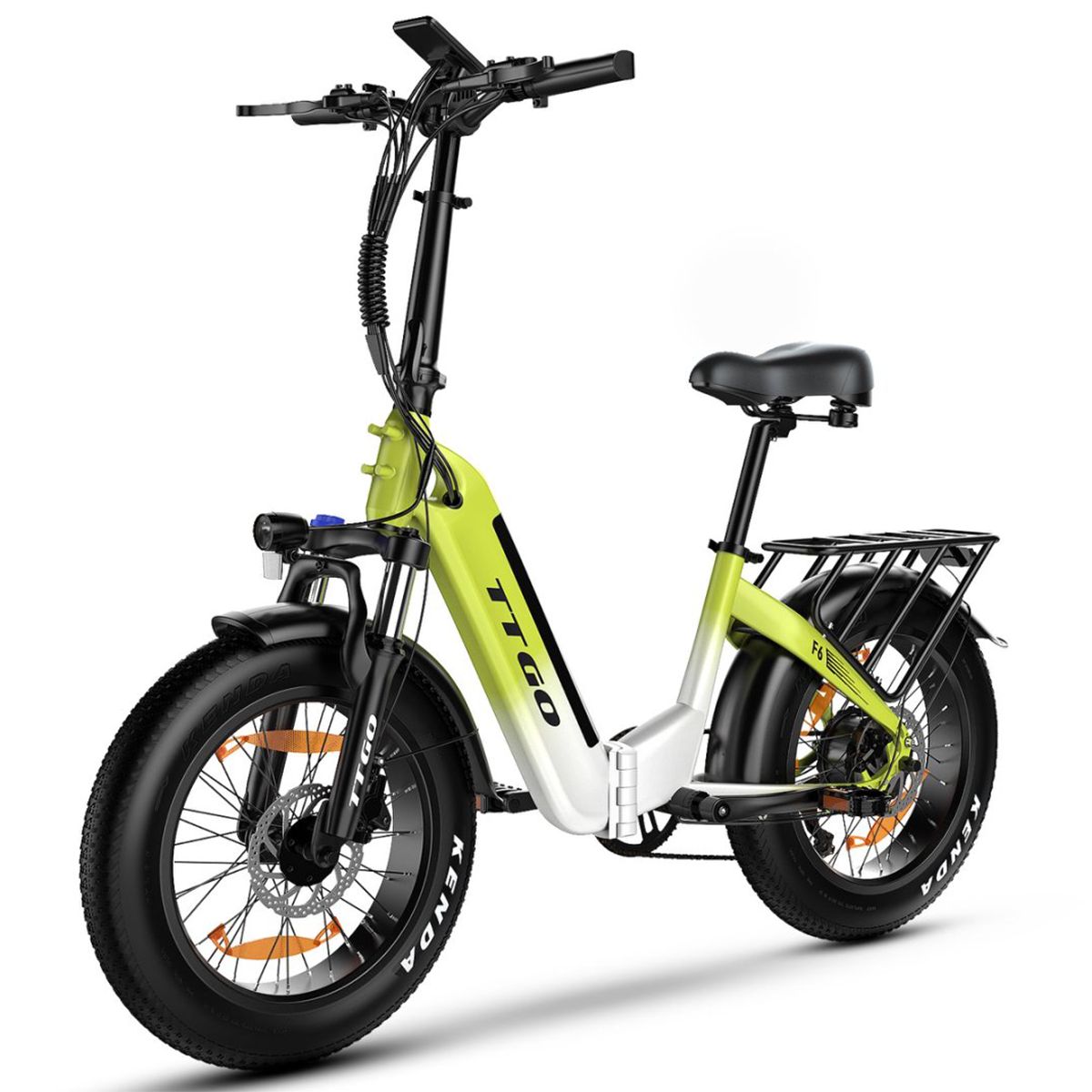 E-bike pieghevole verde e bianco, portapacchi, sella nera e pneumatici. Marchio TTGO, modello F6.