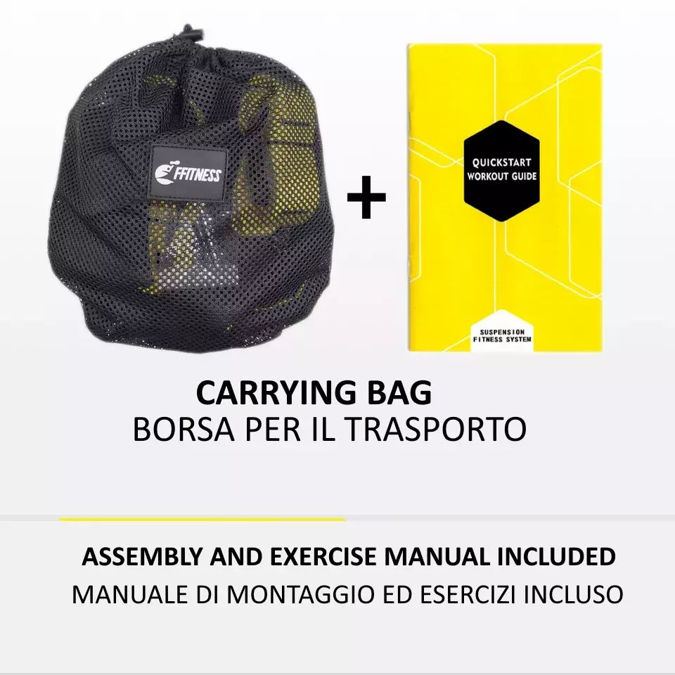 Borsa a rete nera e manuale giallo. Scritta: «Quickstart Workout Guide». Testo: «Assembly and Exercise Manual Included».