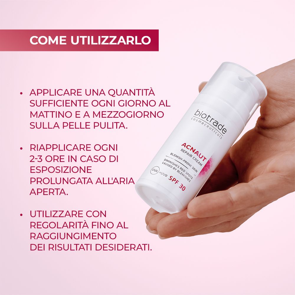 Prodotto in mano. Testo: Applicare mattina e mezzogiorno, ripetere in caso di esposizione solare, usare regolarmente.