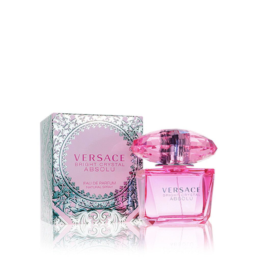Flacone e confezione rosa. Scritta: VERSACE BRIGHT CRYSTAL ABSOLU.