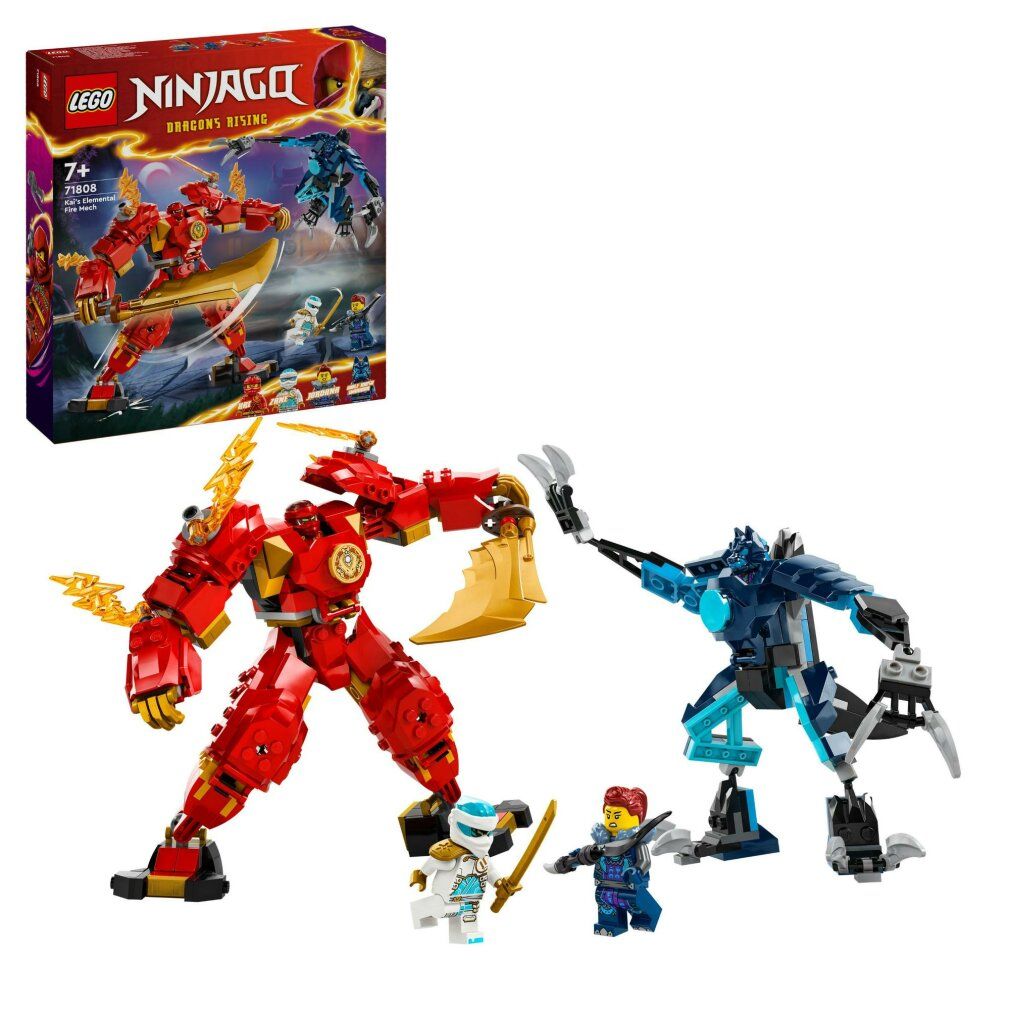 Mech rosso con arma dorata, mech blu, 2 personaggi e confezione con logo LEGO e nome del prodotto.