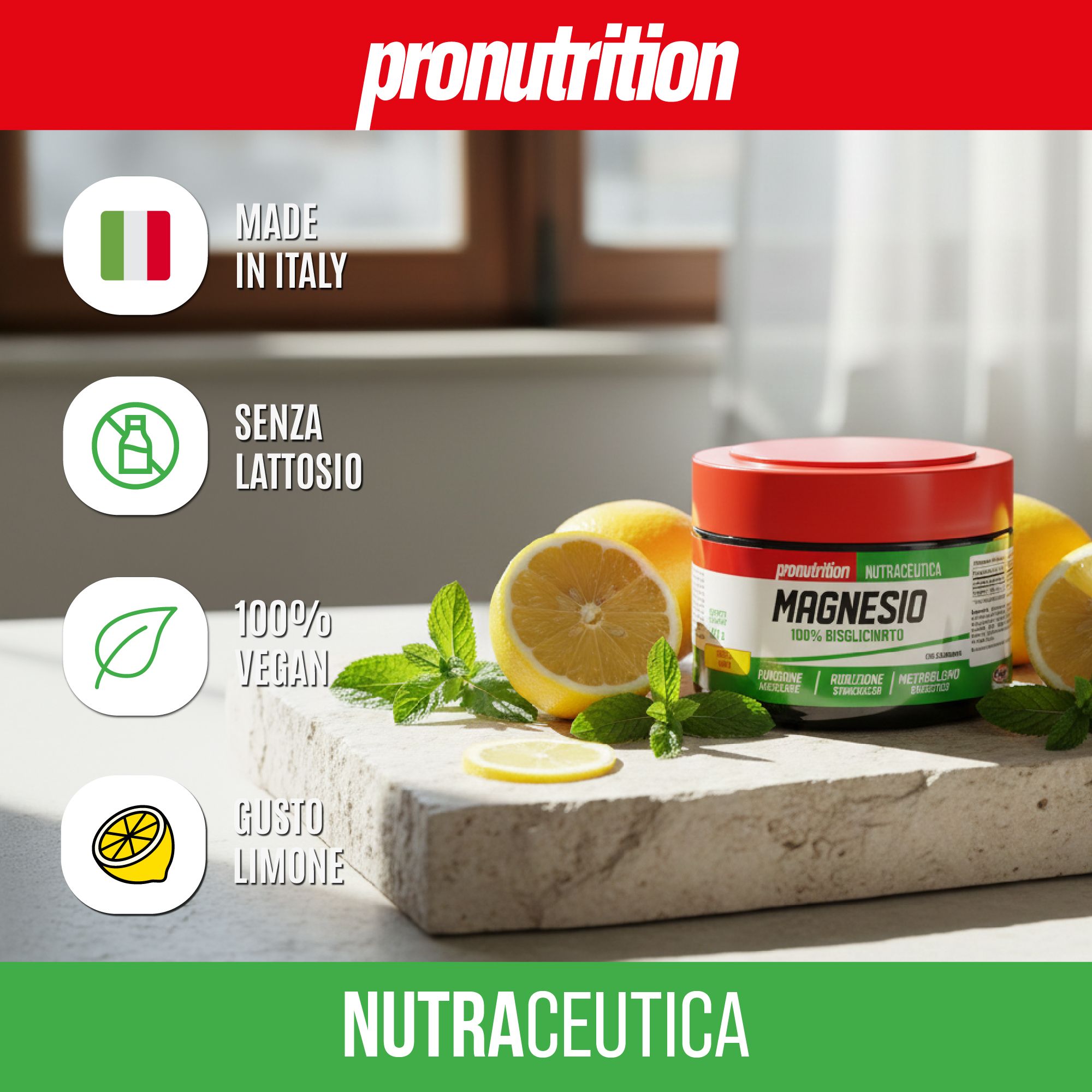Barattolo Pronutrition Magnesio Bisglicinato con limoni e menta.