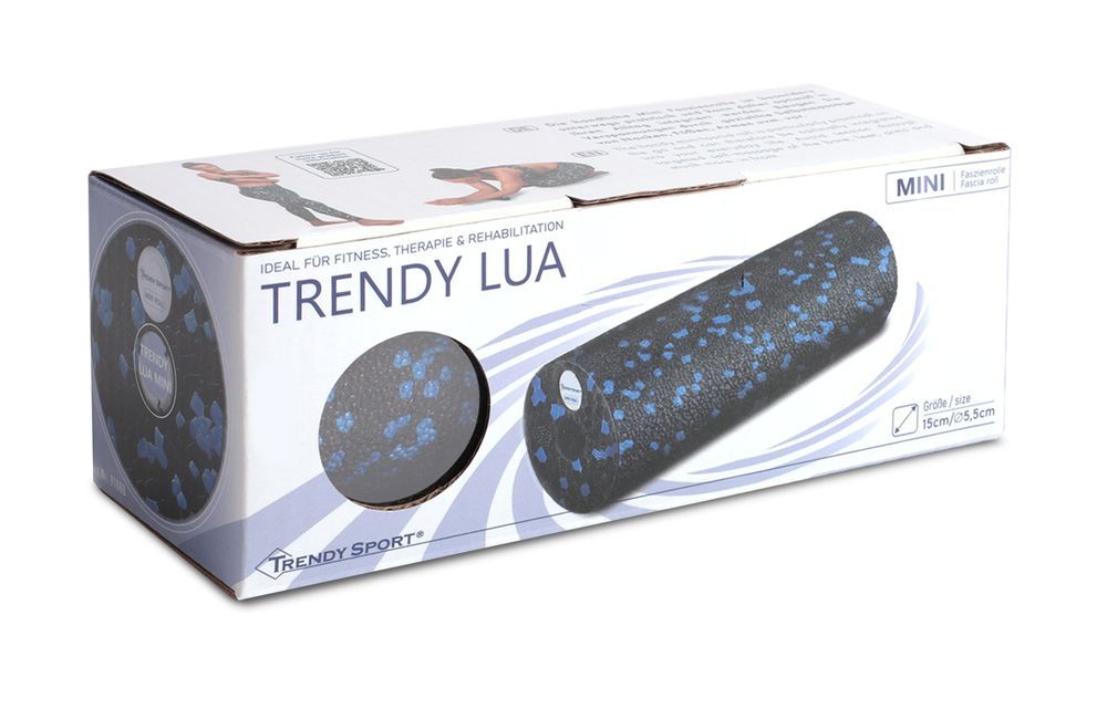 Confezione con rullo per fascia. Stampa: Trendy Lua, Mini. Illustrazione di un rullo. Testo: Ideale per fitness, terapia e riabilitazione.
