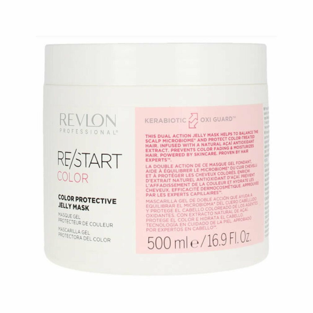 Vaso bianco con etichetta prodotto. Scritta: Revlon Re-Start Color Jelly Mask. 500 ml/16.9 Fl.Oz.