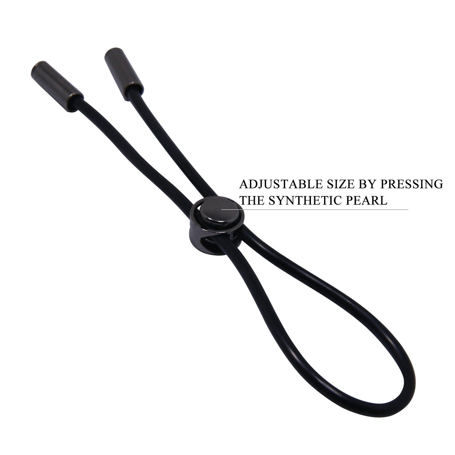 Anello nero con anello regolabile e due estremità. Un bottone al centro. Testo: Dimensione regolabile premendo la perla sintetica.