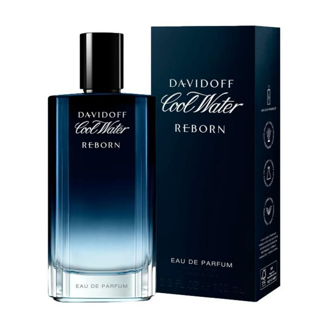 Flacone e confezione Davidoff Cool Water Reborn. Forma rettangolare, sfumatura. Tappo nero. Scritte su flacone e scatola.