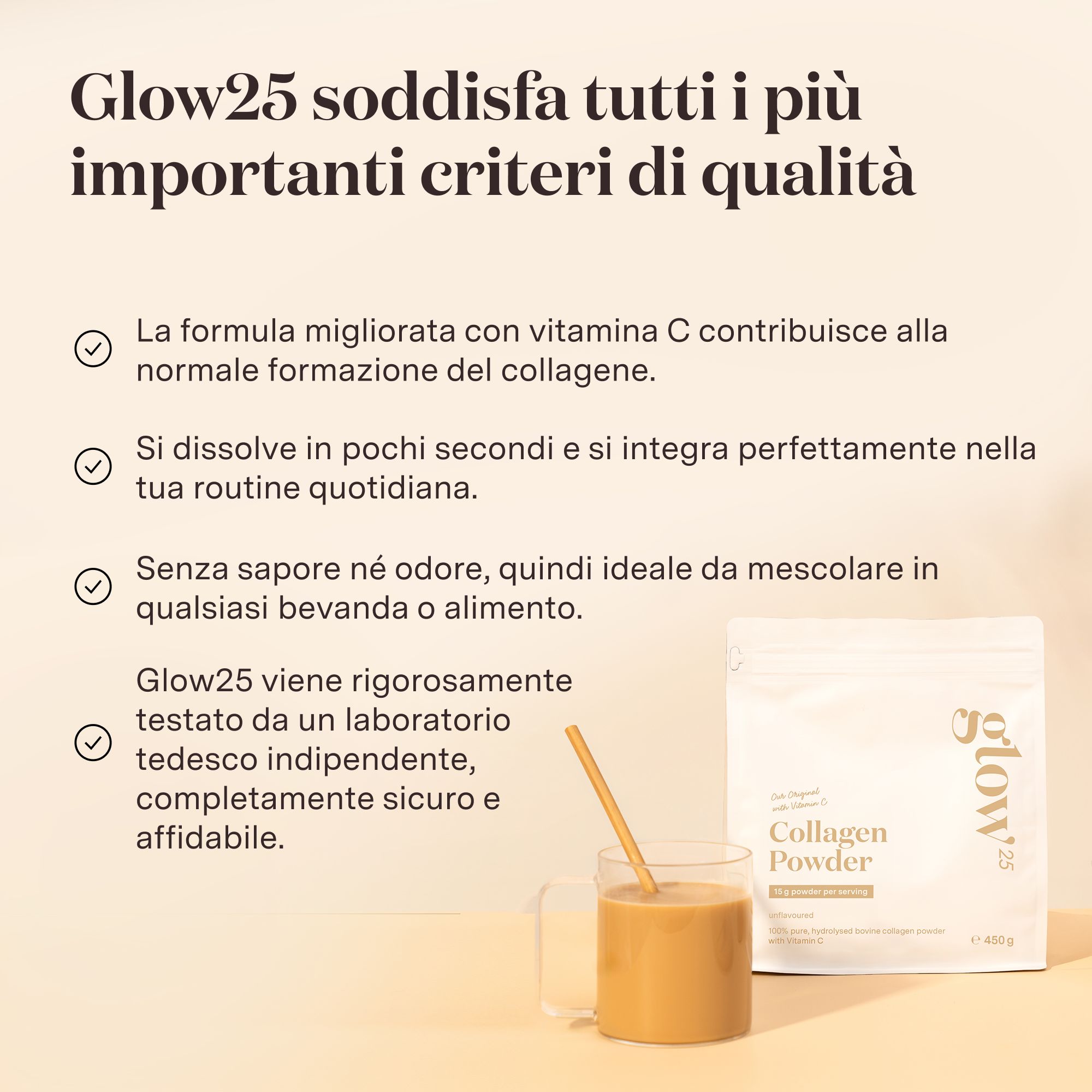 Testo con informazioni sul collagene Glow25. Caratteristiche di qualità e vantaggi.