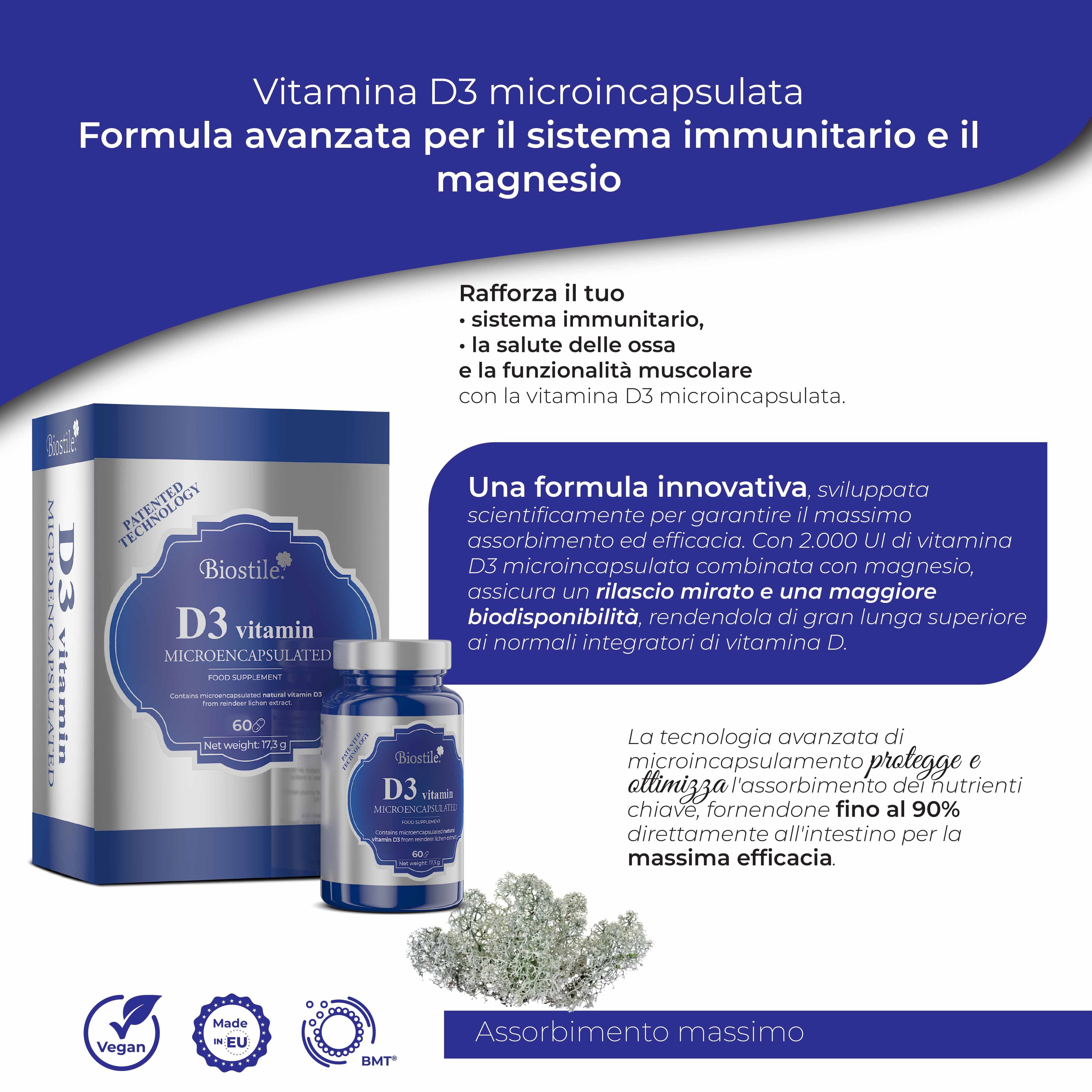 Biostile BMT D3 Vitamin Microincapsulato. Scatola, flacone, illustrazioni. Sigilli Vegan e UE.
