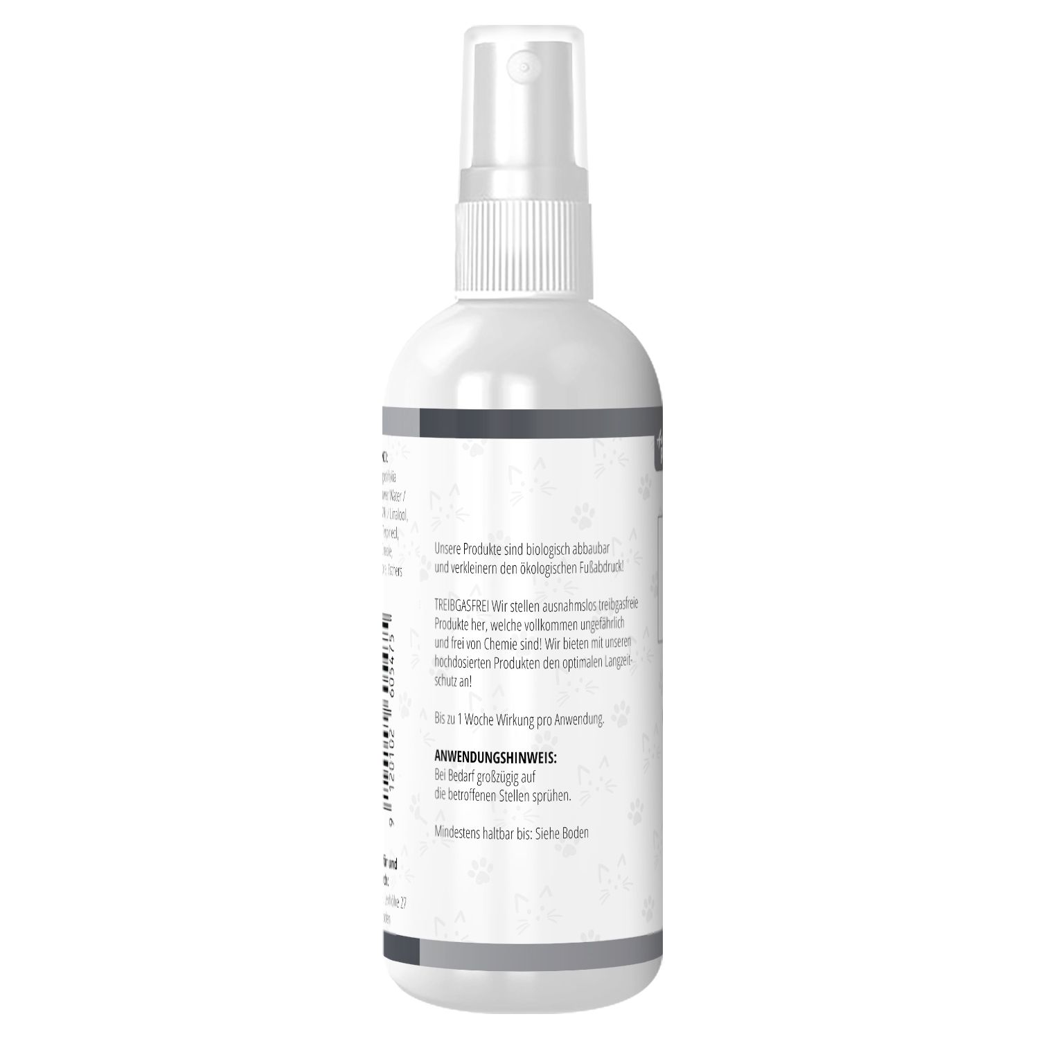 Retro del flacone spray bianco. Testo e codice a barre. "CAT SPRAY". Sagoma di gatto rosso. Logo "Animal Pro".